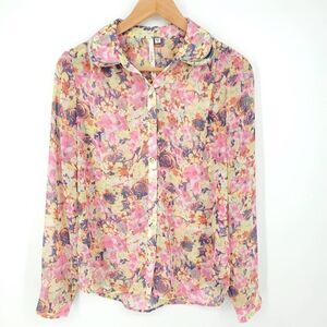 Bellatrix Women's Sheer Colorful Floral Button Blouse Size Small